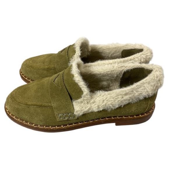 SCHUTZ Christie Cow Suede Faux Fur Trim Olive Green Loafers Size 7 Loafer - Picture 4 of 16